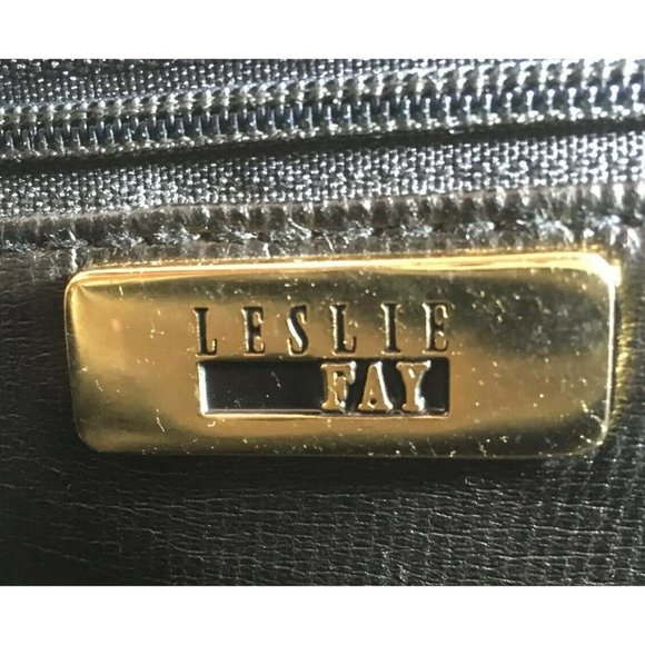 Leslie Fay Vintage Black Faux Leather Brown Trim Satchel Shoulder Bag
